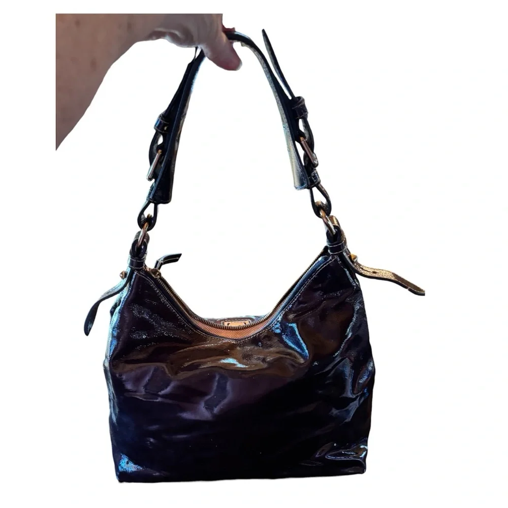 Dooney & Bourke Black Patent Leather Hobo Shoulder Bag w/Matching Wallet Y2K